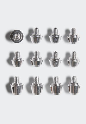 Twaalf kleine zilverkleurige metalen schroeven gerangschikt in drie rijen op een wit oppervlak, waarbij één schroef de ronde basis laat zien.