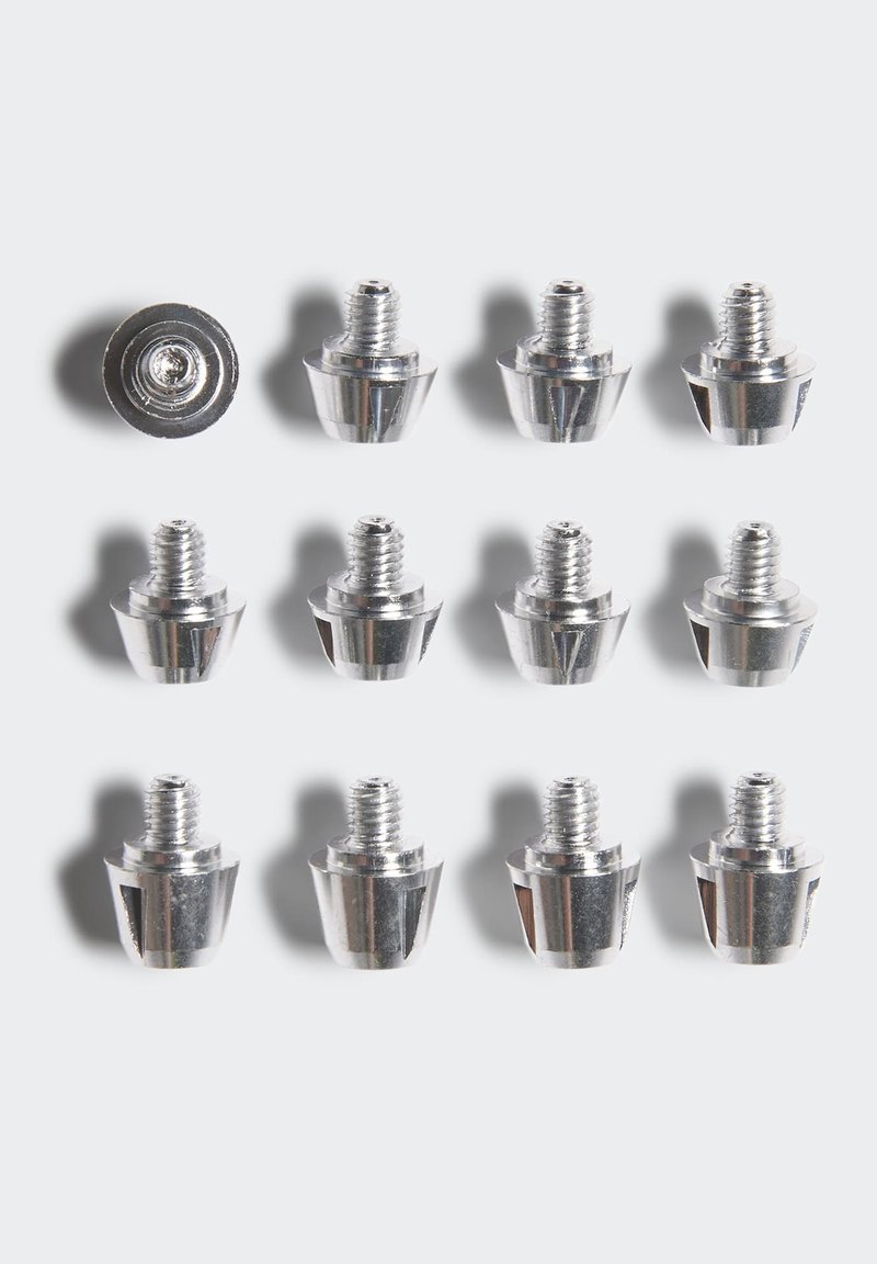 Twaalf kleine zilverkleurige metalen schroeven gerangschikt in drie rijen op een wit oppervlak, waarbij één schroef de ronde basis laat zien.