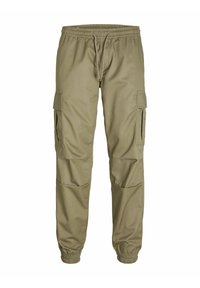 Khaki cargobroek van een katoenmix, met een elastische tailleband, trekkoord, enkelboorden en meerdere zijzakken voor opbergruimte.