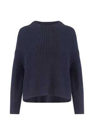 Marineblaues Strickoberteil mit lässiger Passform, gerippter Textur, weiter Boat-Ausschnitt und hüftlangem Saum. Lange Ärmel, minimale Details.
