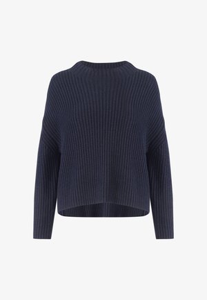 Marineblaues Strickoberteil mit lässiger Passform, gerippter Textur, weiter Boat-Ausschnitt und hüftlangem Saum. Lange Ärmel, minimale Details.