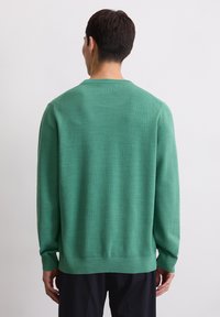 Maglione verde lavorato a maglia con scollo rotondo, maniche lunghe e una finitura testurizzata. Presenta polsini e orlo a coste, mostrando un design semplice.