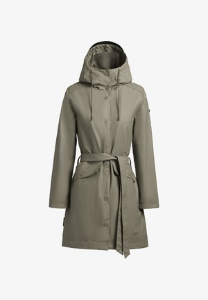 Imperméable vert olive avec capuche, boutons-pression, taille ceinturée et deux poches avant. Tissu lisse et imperméable au design minimaliste.