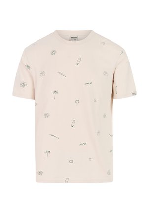 Lichtroze katoenen T-shirt met groene afbeeldingen van golven, zonnen, surfboards en palmbomen, ronde hals, korte mouwen, losse pasvorm.