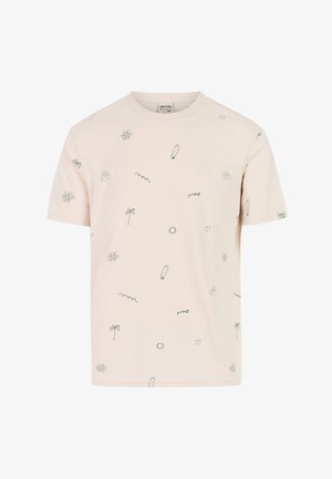 Lichtroze katoenen T-shirt met groene afbeeldingen van golven, zonnen, surfboards en palmbomen, ronde hals, korte mouwen, losse pasvorm.