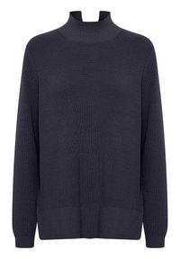 Dunkelblauer gerippter Rollkragensweater mit hohem Ausschnitt, langen Ärmeln und einer strukturierten Oberfläche in lockerer Passform.