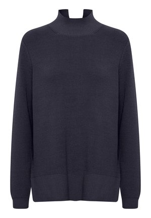 Sötét tengerészkék bordázott garbó pulóver, magas nyakkal, hosszú ujjakkal és textúrált felülettel, laza szabással.