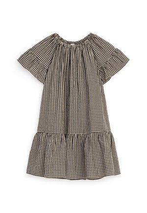Robe courte à manches courtes à carreaux noir et blanc avec encolure élastique et détail volanté sur l'ourlet, sur fond blanc.