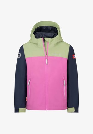 Giacca con cappuccio dal torso rosa, spalle verdi e maniche blu navy. Presenta tasche con zip e un distintivo sul braccio sinistro. Materiale resistente alle intemperie.