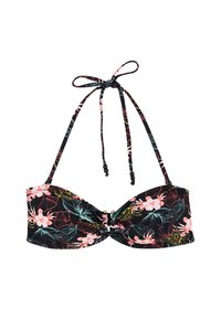 Haut de bikini noir avec un motif floral en rose et vert, présentant un détail de nœud central et des liens ajustables au cou. Souligné de perles dorées.