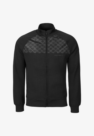 Black full-zip jacket with ribbed cuffs, patterned panel across shoulders featuring repeating logo, and stand-up collar, no visible pockets.