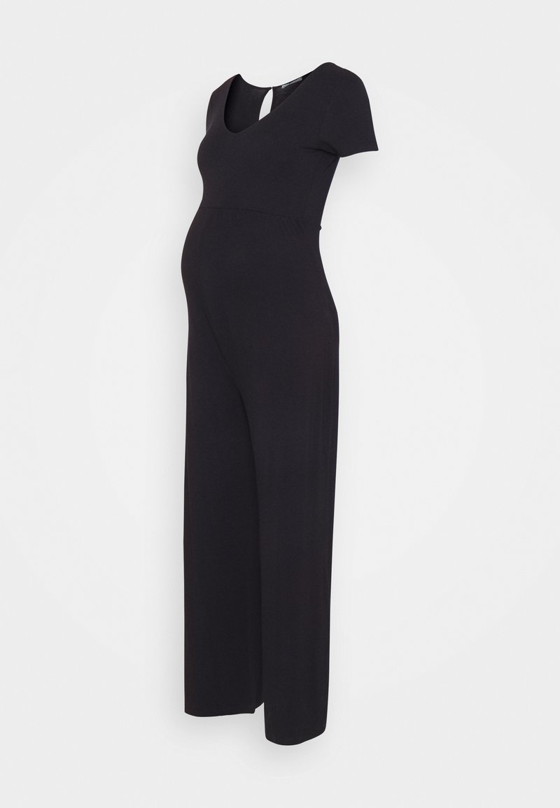 Combinaison de maternité noire avec manches courtes, buste ajusté, pantalons à jambes larges et petit détail trou dans le dos.