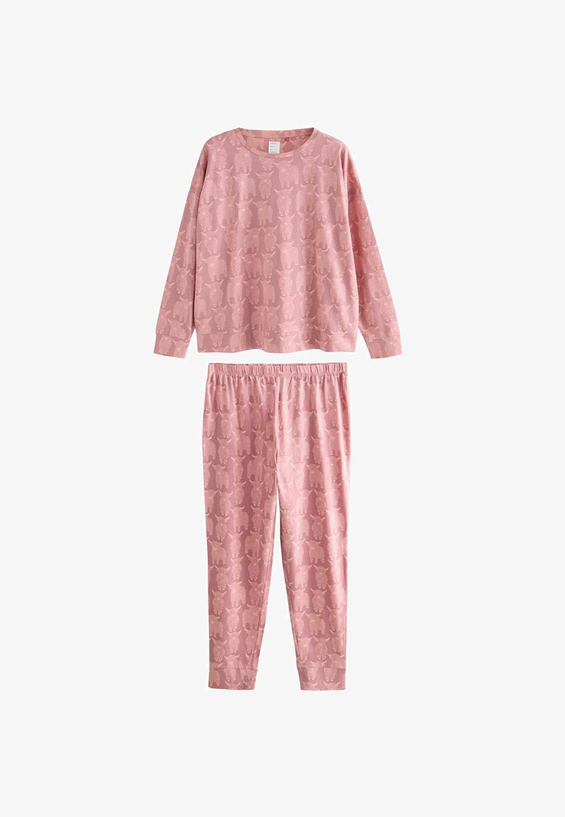 Tricou roz cu mânecă lungă și pantaloni asortați cu talie elastică, având un model subtil de animale repetat pe întreaga suprafață.