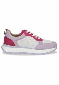 Tenisice s gornjim dijelom od bijele mreže, ljubičastim suede detaljima, ružičastom petom i sivim đonom. Imaju ravne bijele vezice i petu s petljom.