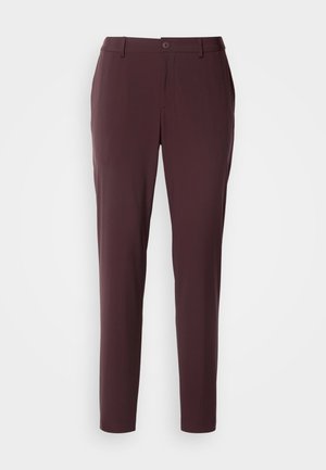 Burgunderbukser med slim fit, der har knaplukning, bæltestropper og en glat tekstur, velegnede til både afslappet og formelt brug.