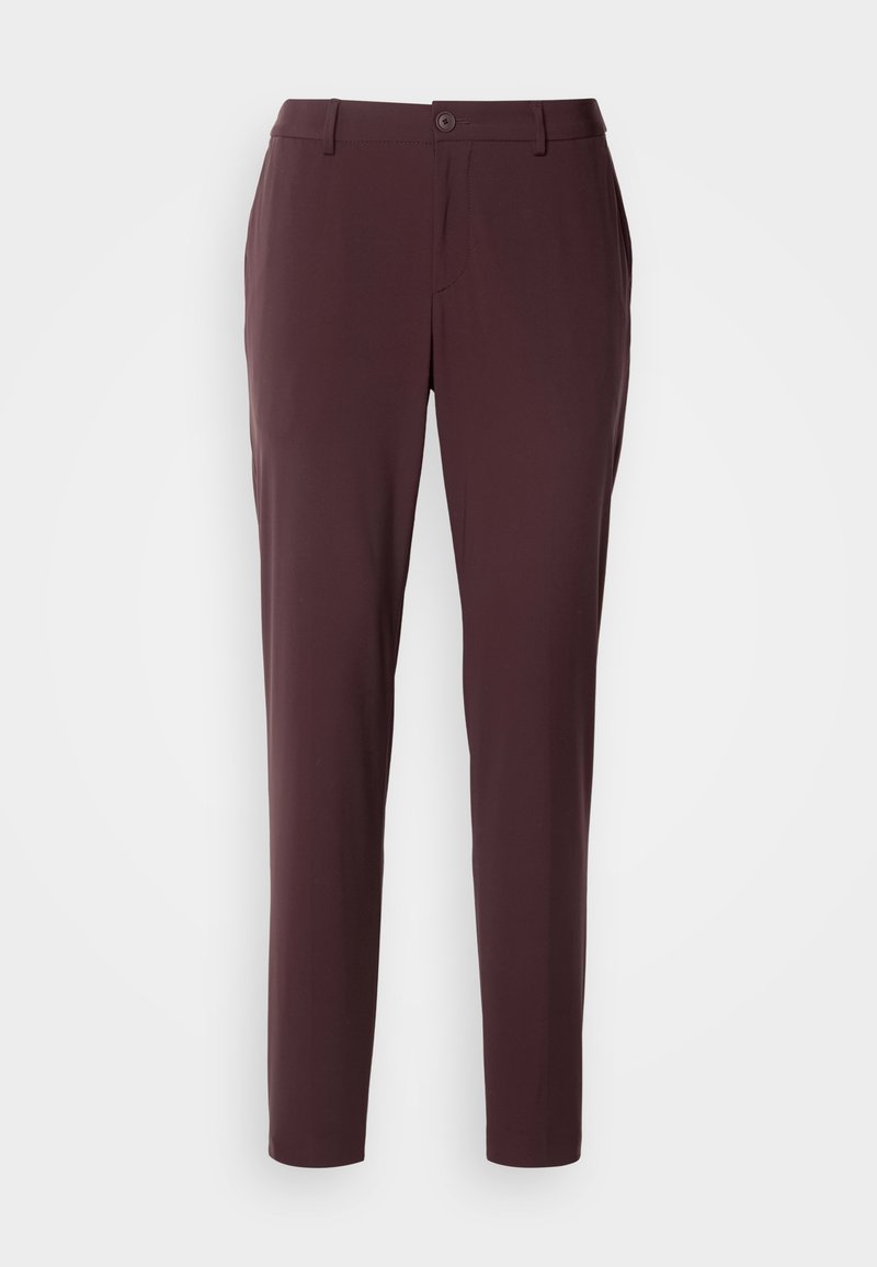 Bordeauxfarbene Hose im Slim-Fit-Stil mit Knopfverschluss, Gürtelschlaufen und glatter Stoffoptik, geeignet für Freizeit- oder formelle Anlässe.