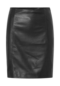 Zwarte leren rok met een kokerontwerp, gladde textuur en strakke lijnen. Geen zichtbare sluitingen of embellishments.