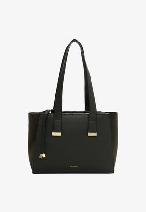 Schwarze Lederhandtasche mit Faux-Suede-Akzenten, doppelte flache Griffe, Reißverschluss und dezente goldene Hardware, rechteckige Form.