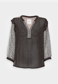 Blusa preta com padrão e mangas longas e transparentes. A parte da frente apresenta um padrão em grelha; as mangas têm um print paisley. Decote arredondado com detalhes em babados.