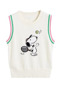 Maglione senza maniche lavorato a maglia di colore crema, con un cane da cartone animato bianco e nero che gioca a tennis, arricchito da dettagli a righe rosa e verdi sulle spalle.