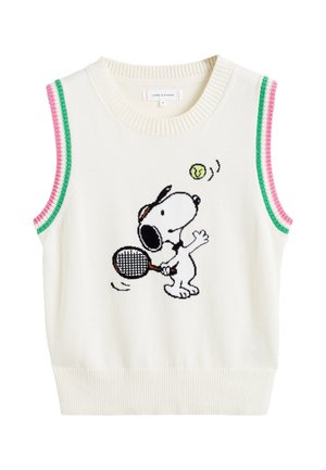 Cremfarbener, ärmelloser Strickpullover mit einem schwarz-weißen Cartoon-Hund, der Tennis spielt, und rosa sowie grünen gestreiften Akzenten an den Schultern.