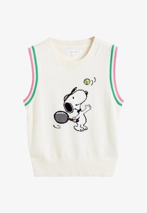 Crème gebreide mouwloze trui met een zwart-wit cartoon hond die tennis speelt, met roze en groene gestreepte accenten op de schouders.