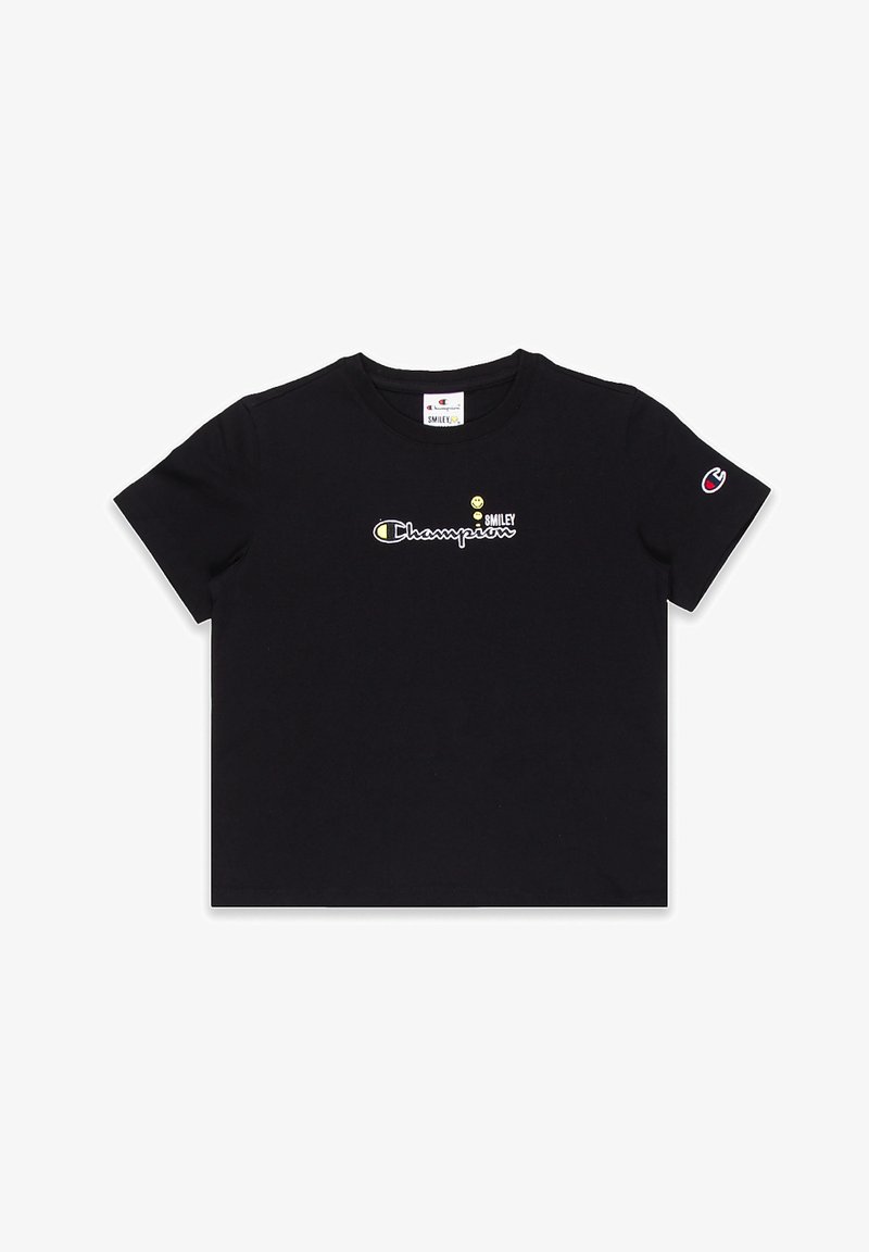 Mustapaita, jossa on pyöreä kaula-aukko, jossa on "Champion" ja hymyilevä logo keltaisena ja valkoisena, lyhyet hihat ja rento istuvuus.