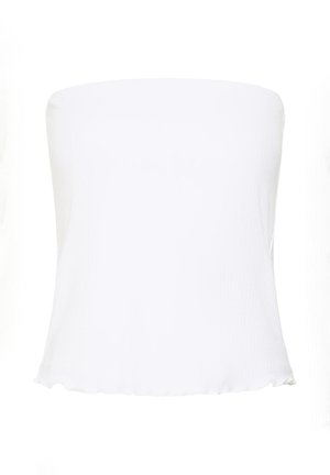 Top a fascia bianco senza spalline con orlo leggermente arricciato, realizzato in tessuto liscio e leggero.