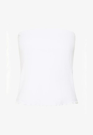 Top a fascia bianco senza spalline con orlo leggermente arricciato, realizzato in tessuto liscio e leggero.