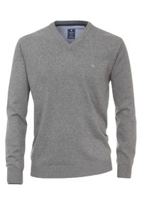 Grauer V-Ausschnitt-Pullover aus weichem Stoff mit langen Ärmeln sowie gerippten Bündchen und Saum. Kleines Logo auf der Brust, gestreifter Innenkragen.