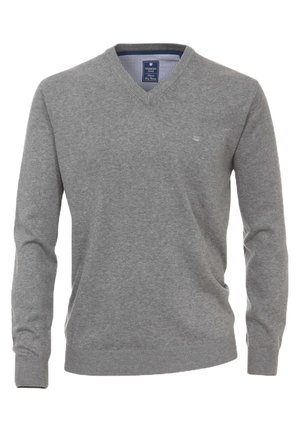 Grauer V-Ausschnitt-Pullover aus weichem Stoff mit langen Ärmeln sowie gerippten Bündchen und Saum. Kleines Logo auf der Brust, gestreifter Innenkragen.