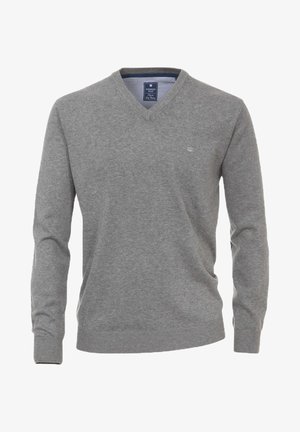 Grijze V-hals trui van zacht materiaal, met lange mouwen en geribbelde mouwen en zoom. Klein logo op de borst, gestreepte binnenkant van de hals.