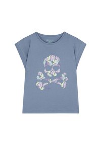 Blauwe katoenen T-shirt met korte, brede mouwen, met een grafische afbeelding van een bloemen-skull en gekruiste botten in pastelkleuren. Ronde halslijn.