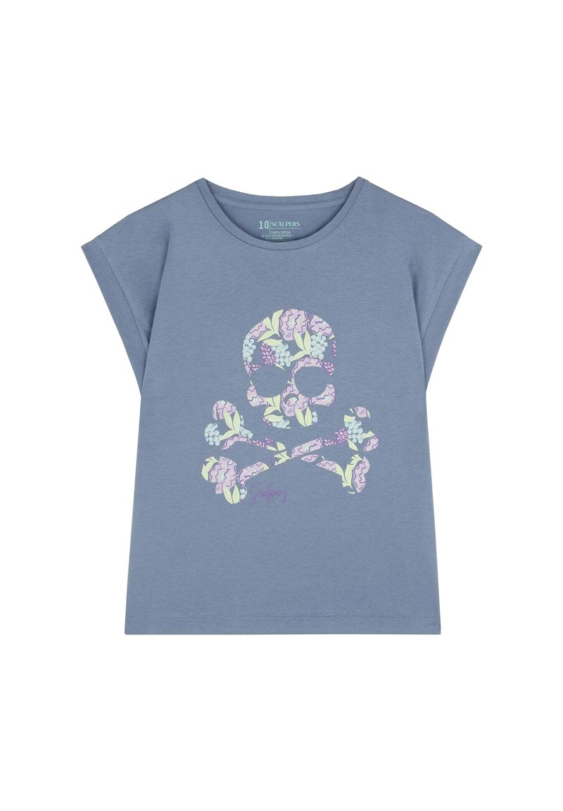 Blauwe katoenen T-shirt met korte, brede mouwen, met een grafische afbeelding van een bloemen-skull en gekruiste botten in pastelkleuren. Ronde halslijn.