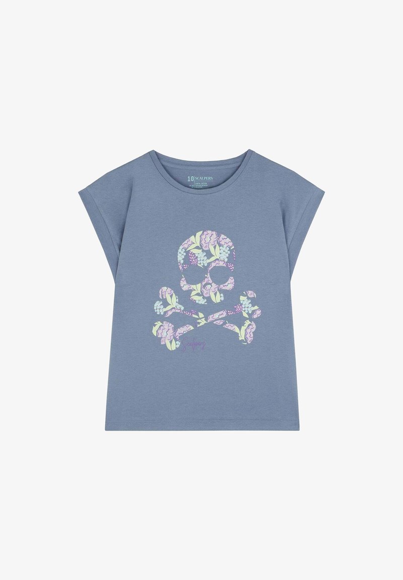 Modré bavlněné tričko s krátkými širokými rukávy, zdobené květinovým motivem lebky a zkřížených kostí v pastelových barvách. Kulatý výstřih.