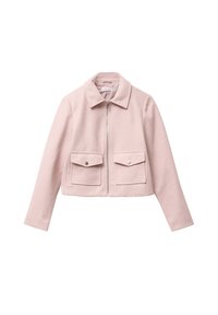 Giacca rosa di lana tagliata, con colletto, zip frontale e due tasche laterali. Texture morbida e design semplice.