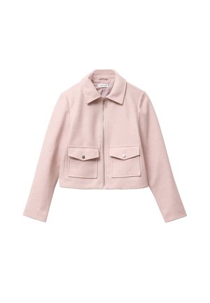 Cropped pink wool jacket with a collared neckline, front zipper, and two side pockets. Soft texture and simple design.