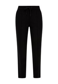 Zwarte tapered joggingsbroek met een trekkoord in de taille, voorzien van zijzakken en contrasterende gestikte lijnen langs de benen voor extra detail.