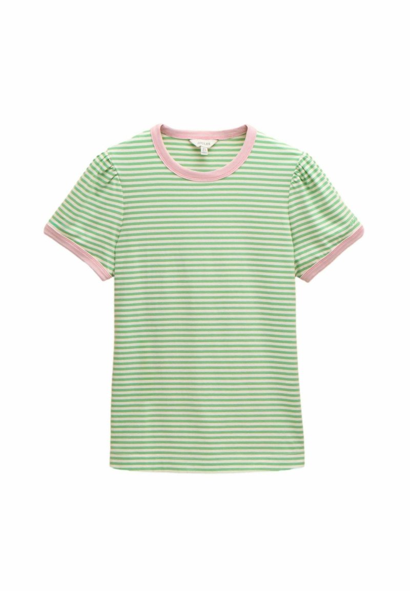 Roheline ja valge triibuline lühikeste varrukatega T-särk, millel on roosa soonikkoes kaelus ja varruka ääred; valmistatud pehmest ja kergest kangast.