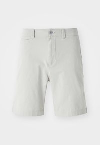 Pantalones cortos grises claros hechos de una tela suave, con cierre de botón, bolsillos laterales y un diseño limpio y ajustado. La longitud llega hasta la mitad del muslo.