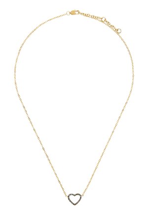Delikatny złoty łańcuszek z małą zawieszką w kształcie serca, ozdobioną ciemnymi kamieniami szlachetnymi, z złotym zapięciem typu karabińczyk.