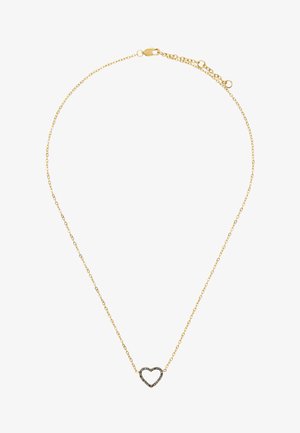 Delikatny złoty łańcuszek z małą zawieszką w kształcie serca, ozdobioną ciemnymi kamieniami szlachetnymi, z złotym zapięciem typu karabińczyk.
