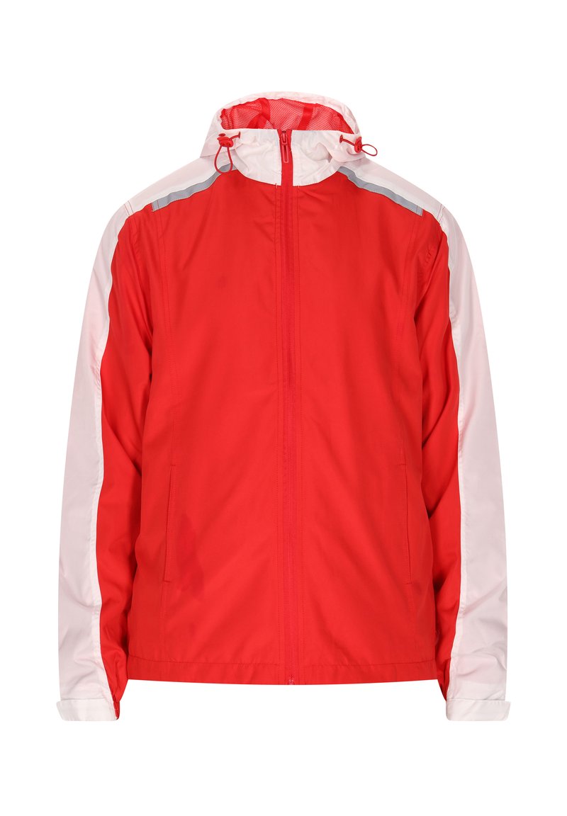 Rote Windjacke mit weißen Ärmeln, verstellbare Kapuze, Frontreißverschluss und zwei Seitentaschen; hat reflektierende Akzente auf den Schultern.