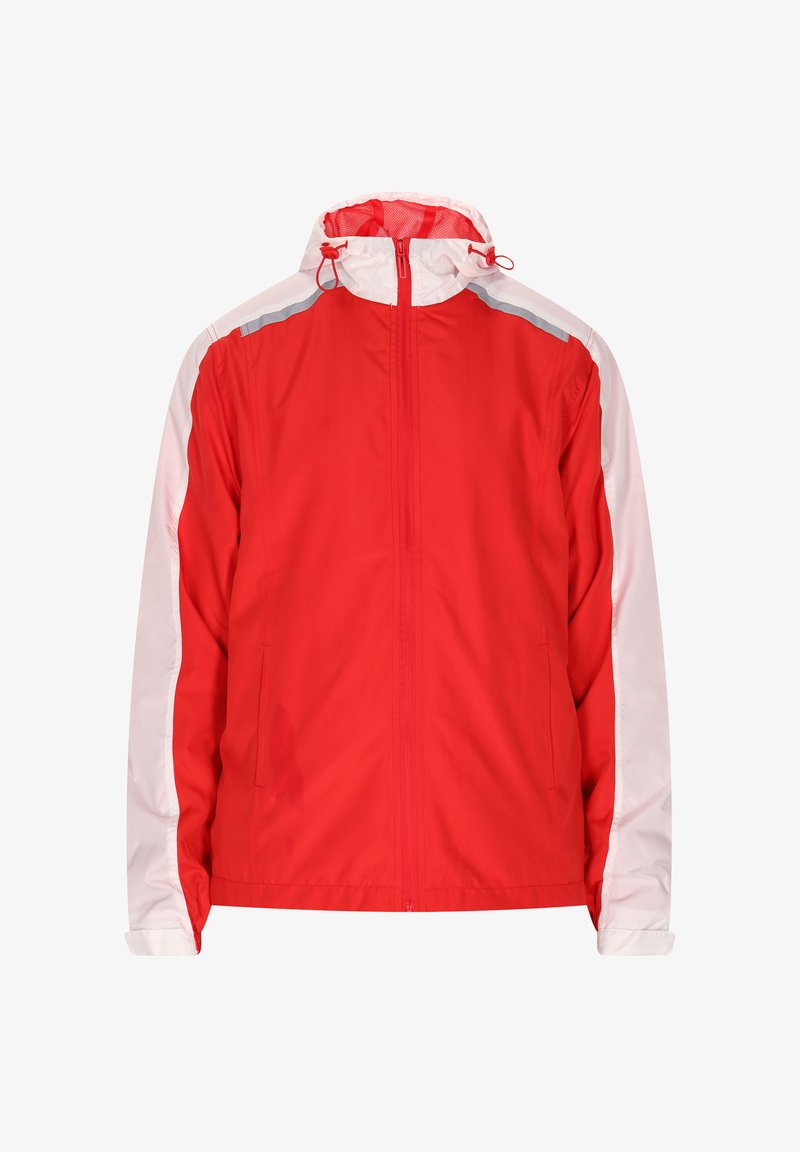 Red windbreaker jacket with white sleeves, adjustable hood, front zipper, and two side pockets; features reflective accents on shoulders.