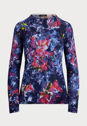 Maglione con stampa floreale multicolore in blu navy, con maniche lunghe e colletto a girocollo. Tessuto texturizzato con accenti di rosa acceso, giallo e bianco.