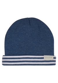 Berretto lavorato a maglia blu scuro con risvolto e strisce orizzontali bianche. Etichetta sul risvolto che mostra il nome del marchio "FALKE." Texture morbida.