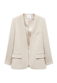 Beżowa marynarka wykonana z gładkiego materiału, charakteryzująca się minimalistycznym designem z głębokim dekoltem w kształcie litery V, dwoma przednimi kieszeniami i elegancką satynową podszewką.