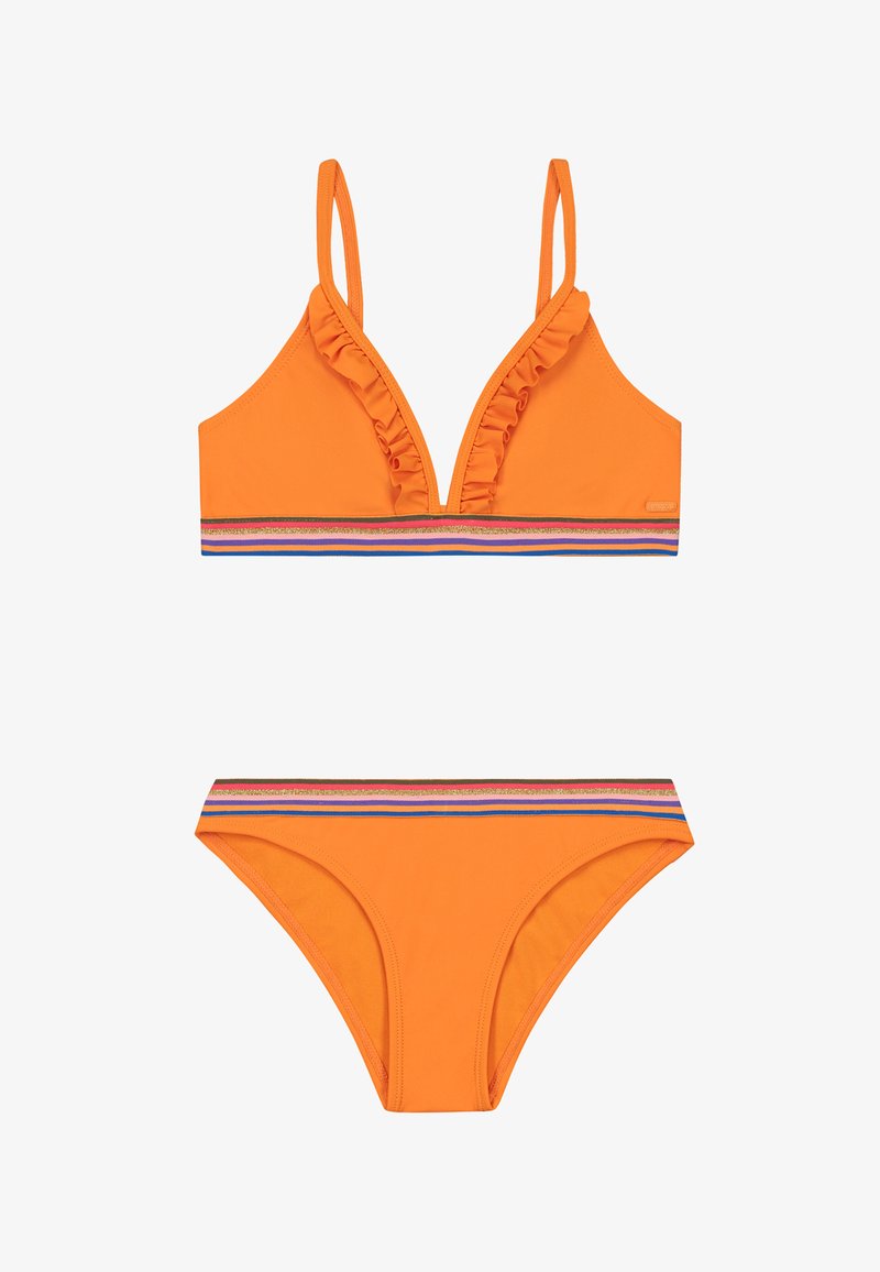 Bikini orange avec un haut triangle à volants et un bas assorti. La bande présente des rayures horizontales en bleu, rose et or.