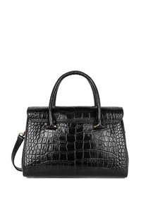 Borsa in pelle nera con effetto rettile, dalla forma strutturata, con doppi manici superiori e tracolla removibile; dettagli in metallo dorato.
