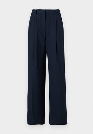 Pantaloni a gamba larga blu navy realizzati in tessuto liscio, con vita alta, frontale plissettato e senza tasche visibili.